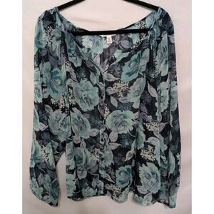 Croft & Barrow 2x Button Blouse Blue Floral Sheer Beautiful *See Description*